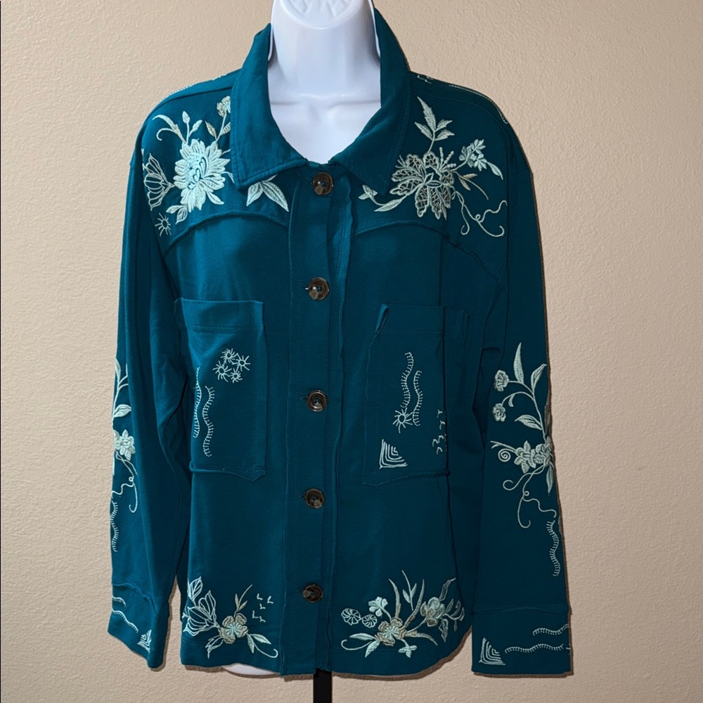 Johnny Was Maree French Terry Raw Edge Jacket Blue Pine Floral Embroidered Sz M